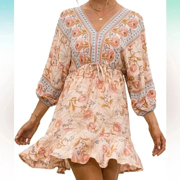 Floral Print V Neck 3/4 Sleeve Tie Waist Ruffle Flowy Short Dress NEW - Picture 2 of 5
